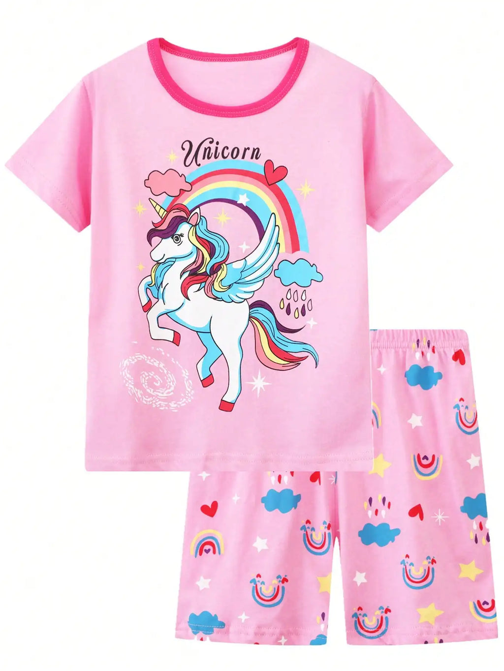2pcs Toddler Girls Cotton Pajamas Outfit Cartoon Unicorn Graphic Crew Neck T-Shirt Top & Elastic Waist Shorts Sleepwear