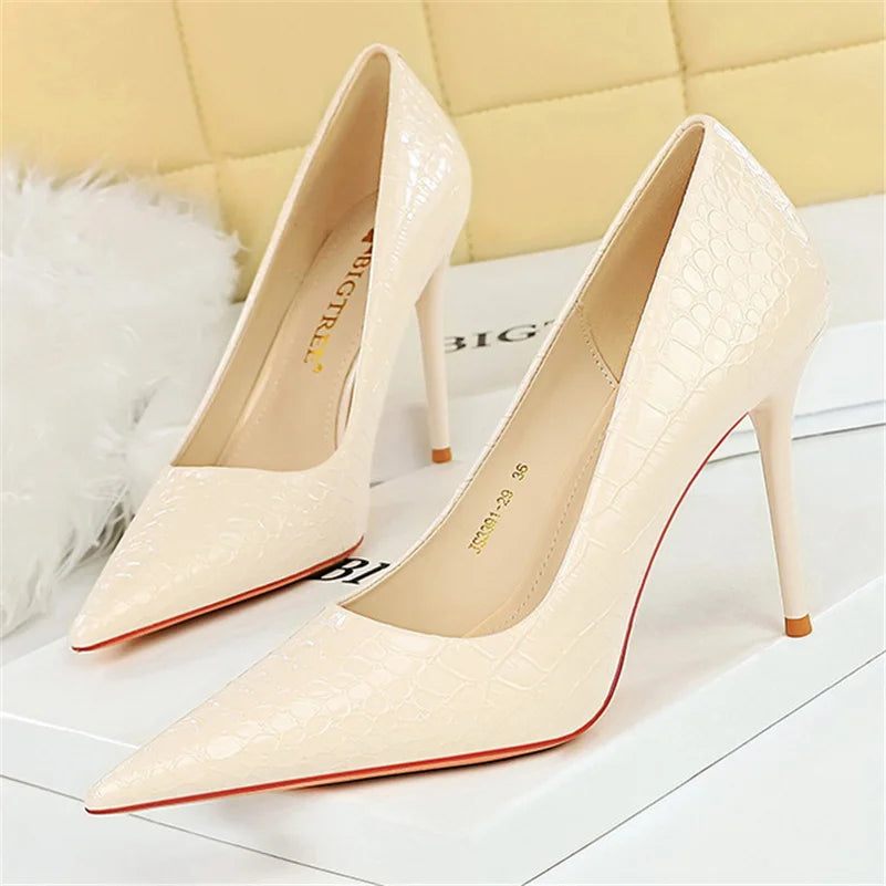 Women 10cm High Heels Stiletto Pumps Pointed Toe Green Nude Heels Office Lady Serpentine Patent Leather Wedding Party Prom Shoes