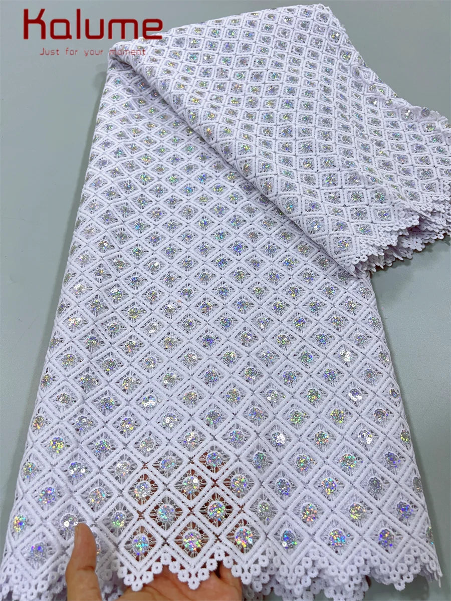 White African Guipure Cord Lace Fabric with Sequins 2025 High Quality Nigerian Guipure Cord Lace for Sewing Wedding Dress F4025