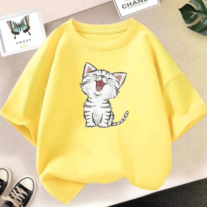 Girls Clothes 2024 Summer Fashion T-Shirt Fun And Cute Cat Kitten Print Short-Sleeved Tops Children Summer Clothes
