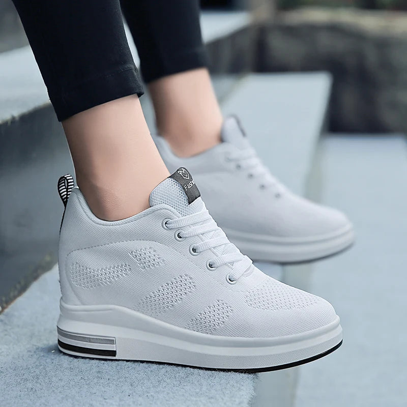 Interior Height Increasing Women Shoes Korean Style White Casual Thick Soled Mesh Flat Shoes Spring Autumn Walking High Heels