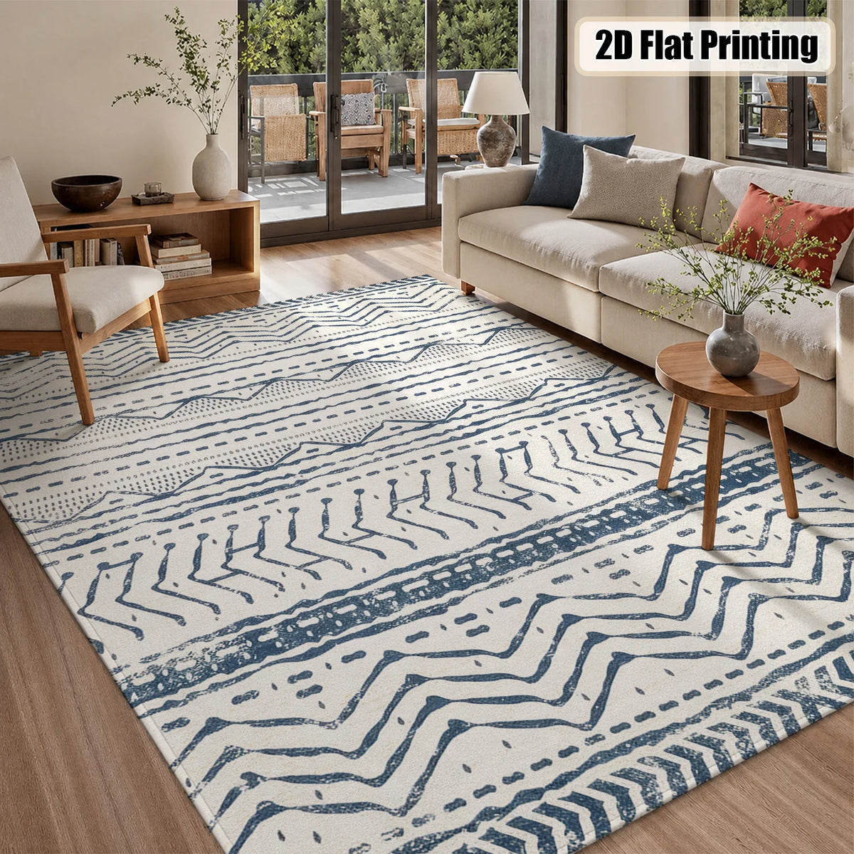 Large Indoor Area Rug: Soft Velvet, Low Pile, Non-Slip Dotted Backing, Machine Washable Navy Blue Tribal Geometric Zigzag Striped Rug for Living Room, Bedroom, Entryway