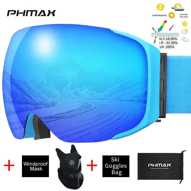 PHMAX Ski Goggles UV400 Anti-fog Eyewear Magnetic Lens Women Men Outdoor Sports Mountain Snowboard Big Snow Goggles With Mask