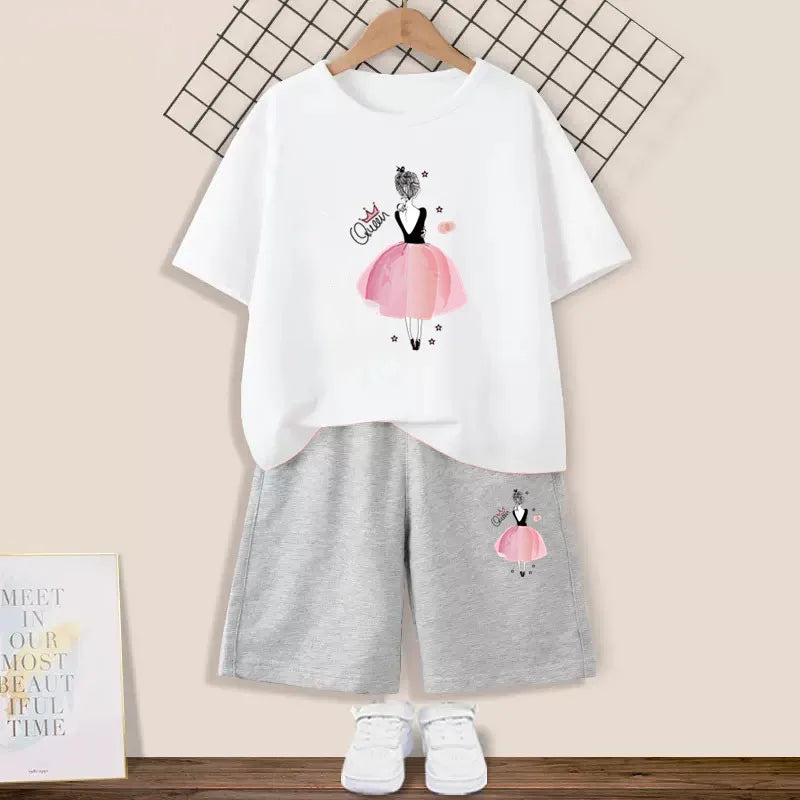 2024 Summer Girls Cotton Clothing Sets Kids Cute Cartoon Butterfly High Heel T-shirt +Shorts 2Pce Suits Childrens Tracksuits