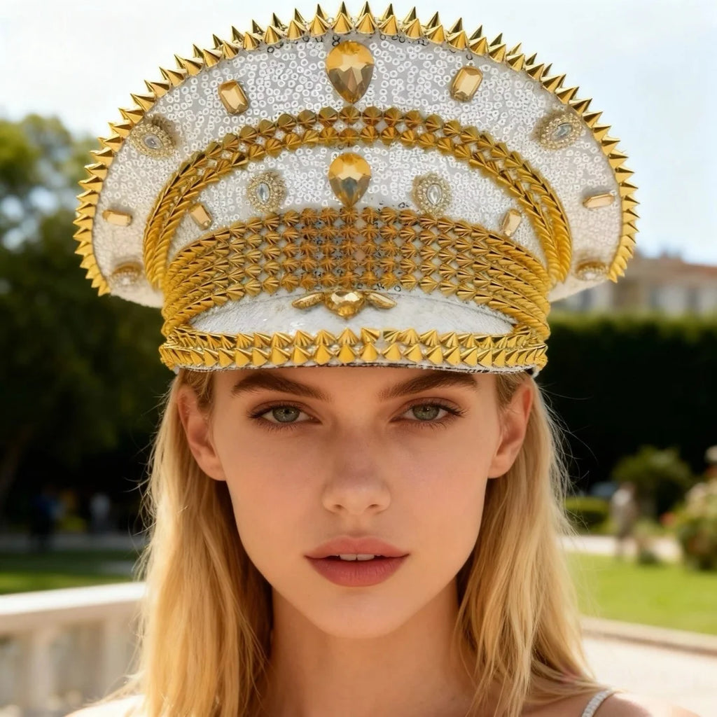 HongLuan Blue Steampunk Captain Hat Rhinestone for Burning Man Festival Woman, Vintage Military Accessories & Military Cap Man