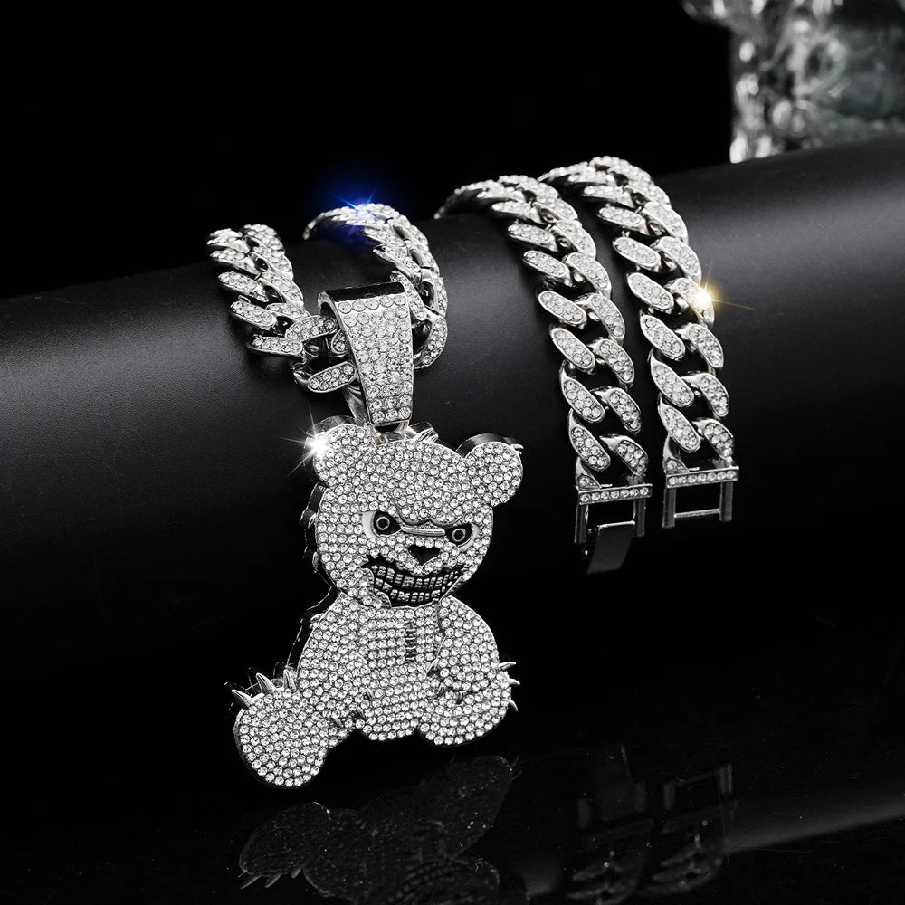 Hip Hop Aggressive Bear Pendants Necklaces with Miami Cuban Link Chain Brown Bear Men's Women Choker Collar Jewelry Accessories