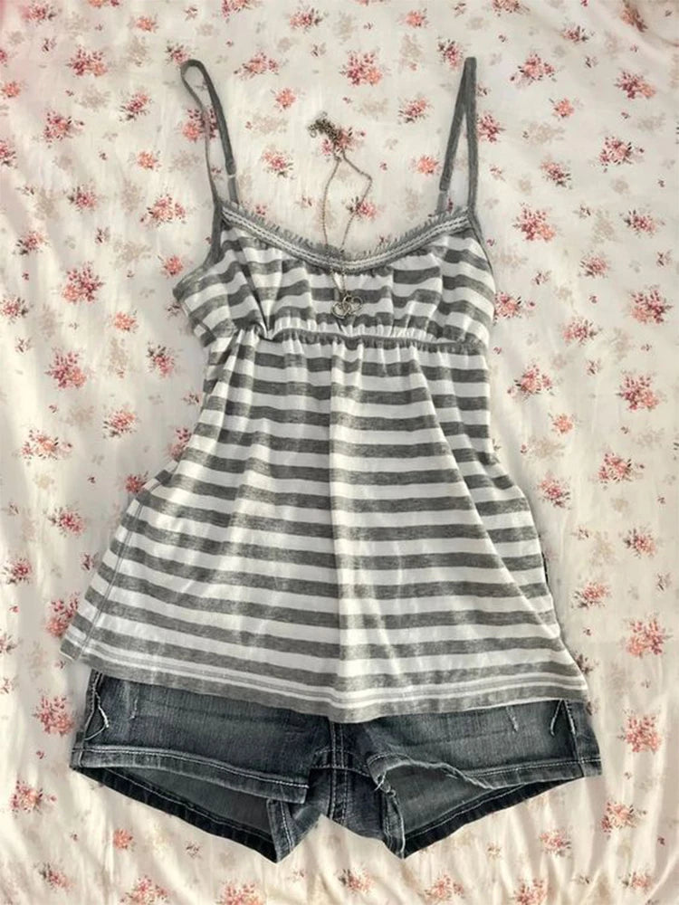 Women's suspenders stripe pattern casual Y2K retro Harajuku fashion new street punk sweet hip hop cute hottie baby crop tops emo