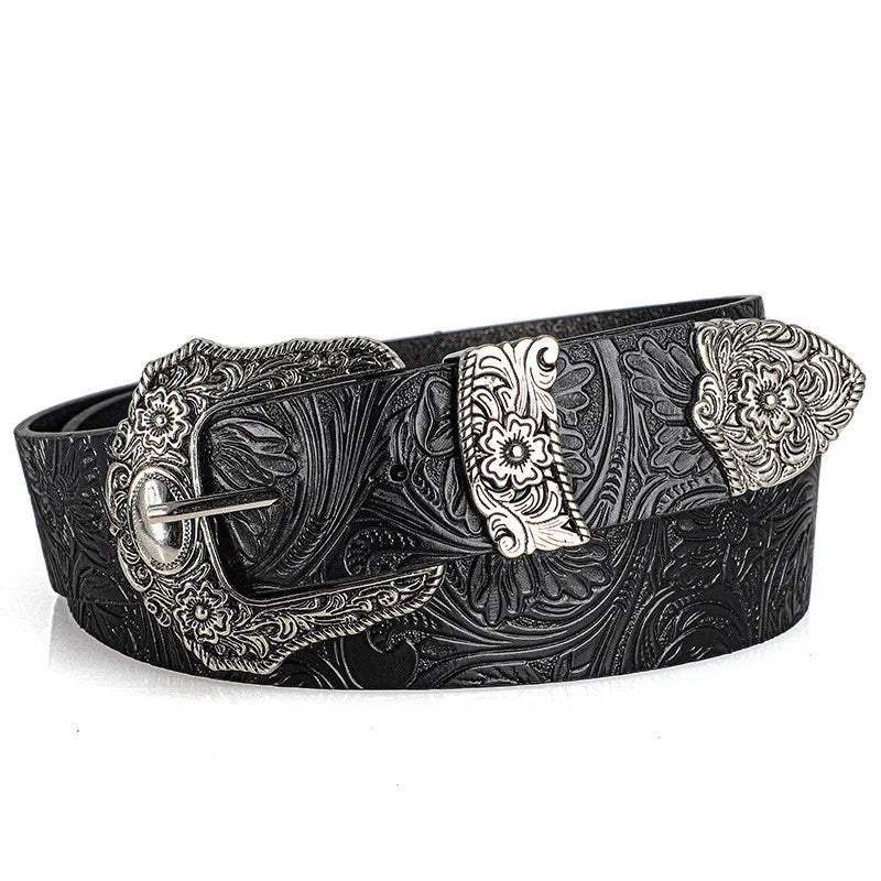 New European and American style women's belt, vintage rhinestone carved buckle belt, trendy printed jeans belt, unisex