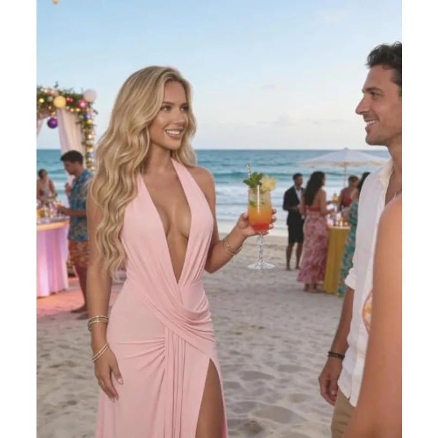 Women Deep V Neck Halter Maxi Dress Backless Ruched High Split Cocktail Party Formal Prom Gown Wedding Guest Dress
