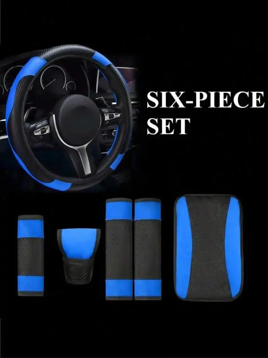 6-Piece PU Leather Car Interior Accessories Set Steering Wheel Cover Armrest Handbrake Seat Belt Covers For Sedan SUV Truck