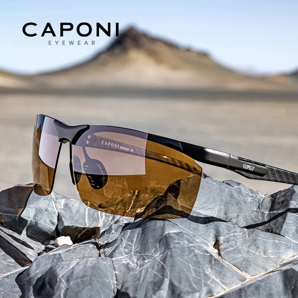 CAPONI Night Vision Men Sunglasses Carbon Firber Driving Sports Photochromic UV400 HD Sun Glasses Protect Yellow Shades BSYS8780