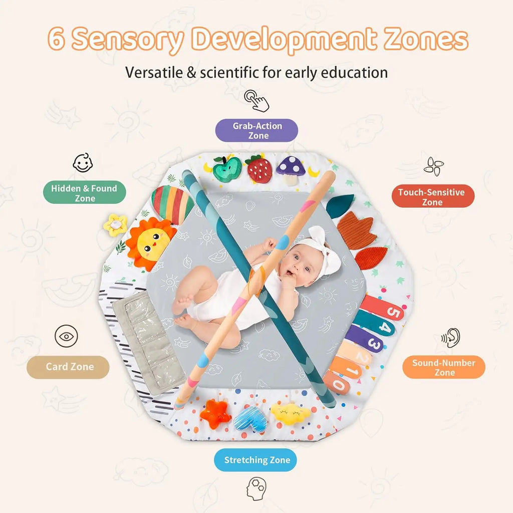 Ultimate Tummy Time Mat for Infants - 6 Educational Play Zones with 4 Hanging Sensory Toys to Boost Motor Skills