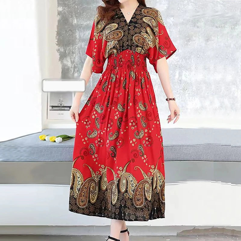 2025 Summer New Casual Elegant Retro Bohemian Style V-neck Elastic Waist Large Swing Printed Long Skirt Autumn Summer Dress