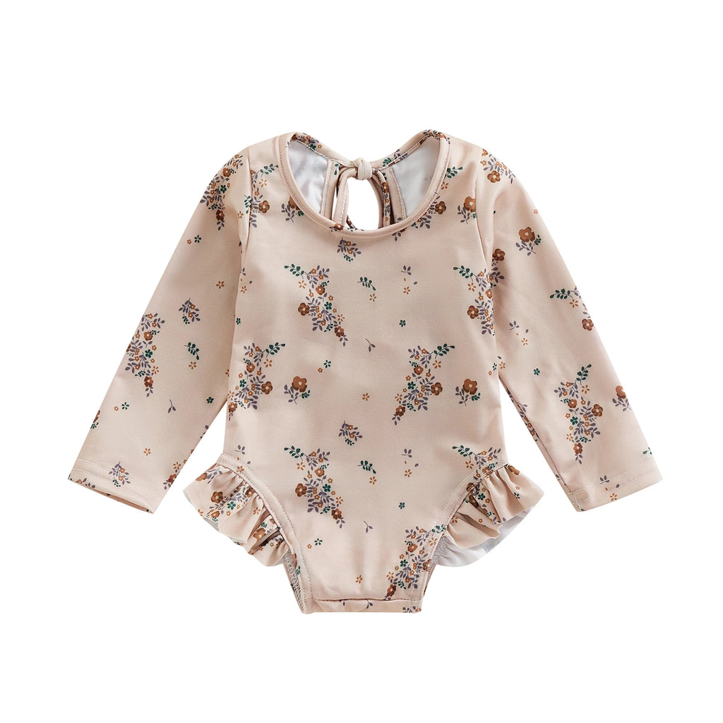 Tregren Kids Girl Summer Swimsuit Floral Print Long Sleeve Ruffle Jumpsuit Swimwear Bathers Bathing Suit Swimming Pool Beachwear