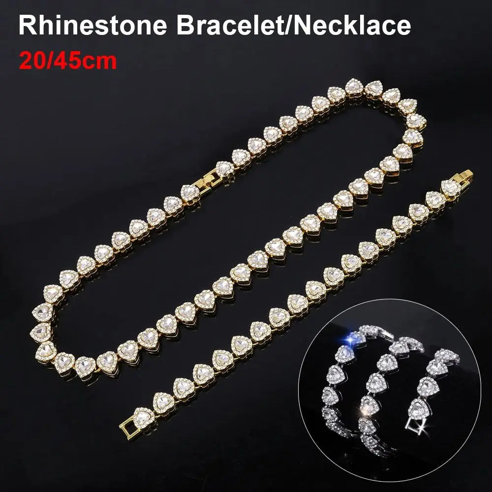 1Pcs New Heart-shaped Rhinestone Necklace Shiny Heart 20/45cm Chain Bracelet Alloy Fashion Rock Party Jewelry