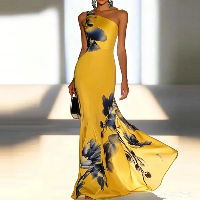 Elegant Print Hight Waist Holiday Dress Sexy Off Shoulder Sleeveless Slim Party Dress Women Fashion Backless Pleated Long Dress