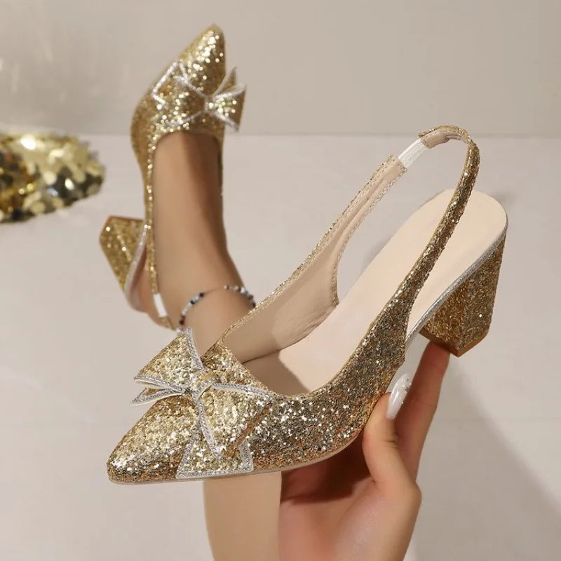2026 New Crystal Wedding Shoes Bride Shoes Dress Bridesmaid High Heels Sequin Crystal Bow Pumps