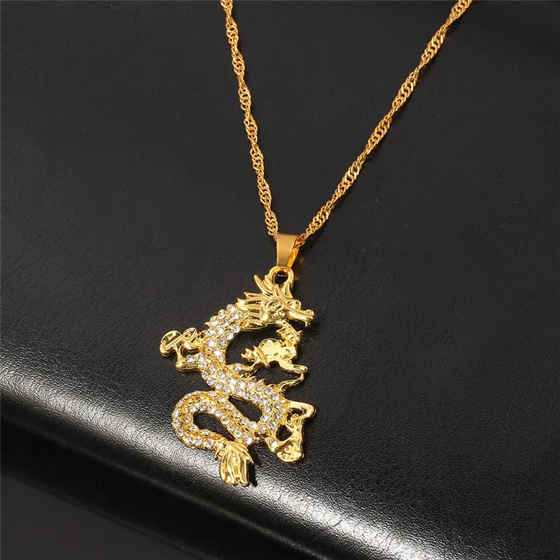 Chinese Style Gold Color Dragon Pendant for Men and Women, Charm Necklace, Creative, Luxury, Anniversary, Jewelry Accessories