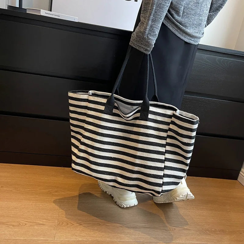 Casual Striped Canvas Bag For Women Large Capacity Shoulder Bag Daily Shopping Totes Student Bookbag for School Travel Beach Bag