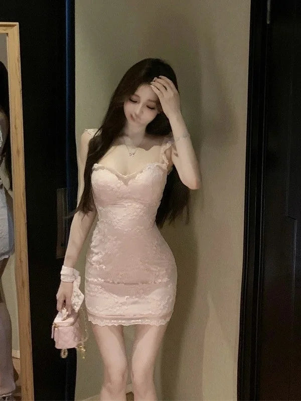 Sexy Lace Splice Short Sleeve  Dress Pure Desire Style Bodycon Dress Summer Season A-Line Skirt Gentle Style Single Piece