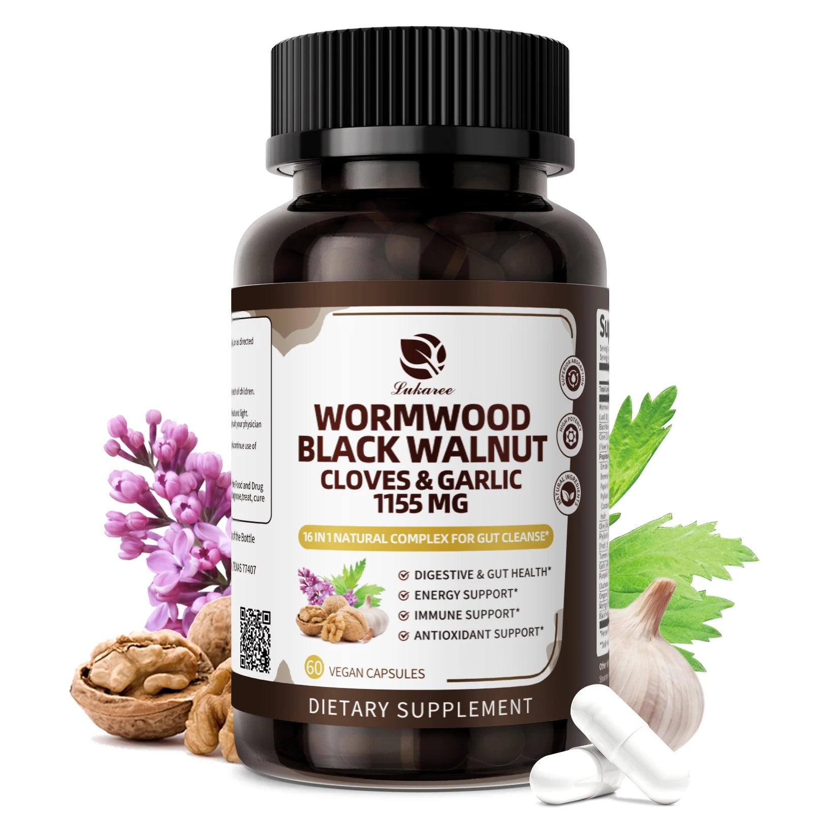 Lukaree 16-in-1 Black Walnut Wormwood Capsules,Rapid Gut Cleanse&Digestive Health with Clove Garlic Turmeric,Liposomal Delivery