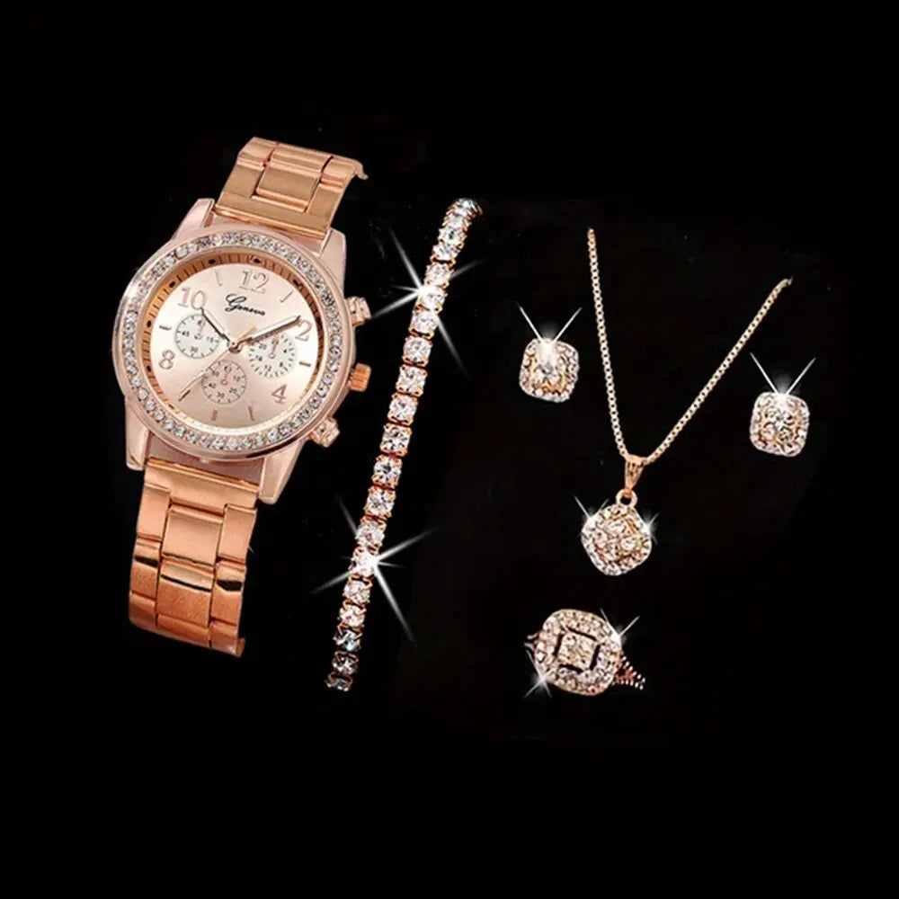 Newest 5 PCS Set Gold Watch Women Luxury Ring Necklace Earrings Rhinestone Fashion Wristwatch Female Casual Watches Bracelet Set