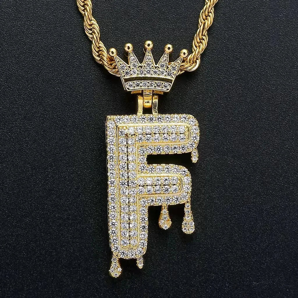 Hip Hop Iced Out Bling Cubic A-Z Drip Crown Zircon Initial Letters Necklaces Pendant Necklace Chain Men Jewelry with Rope Chain