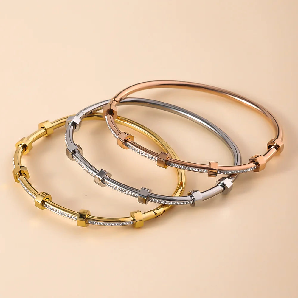 Trendy Round Cubic Zirconia Bangles For Women Men Gold Color Silver Color Stainless Steel Crystal Bangle Party Jewelry