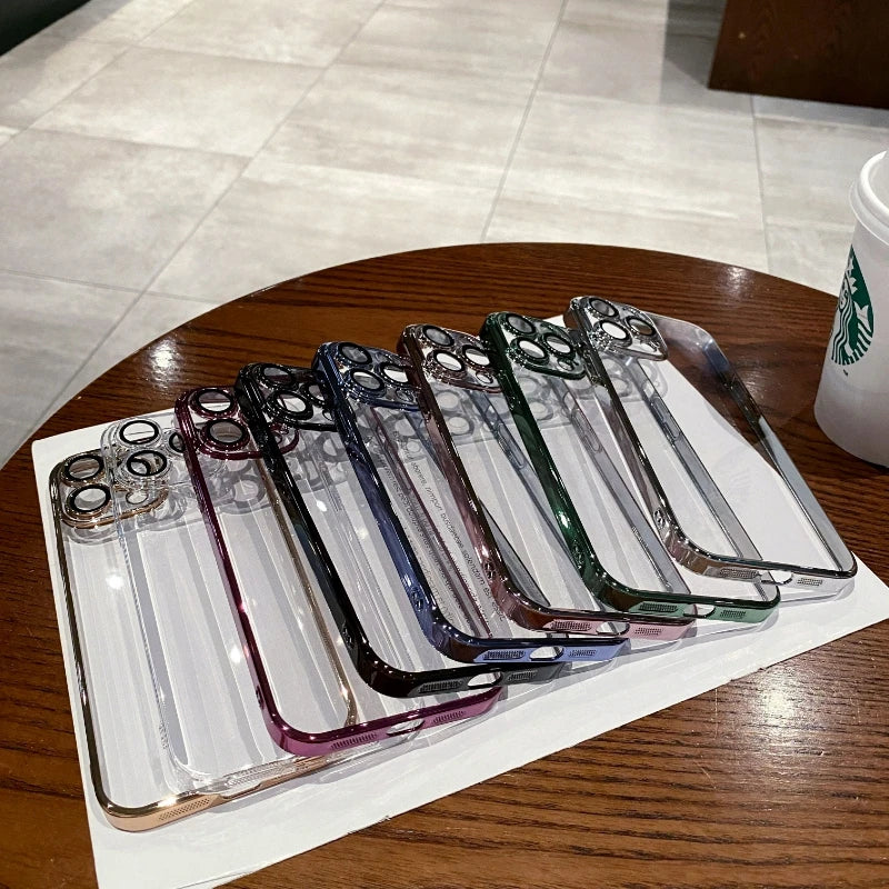 Luxury Plating Clear Silicone Phone Case For iPhone 16 17 15 14 13 12 11 Pro XR XS Max Mini Plus Lens Protection Case Back Cover