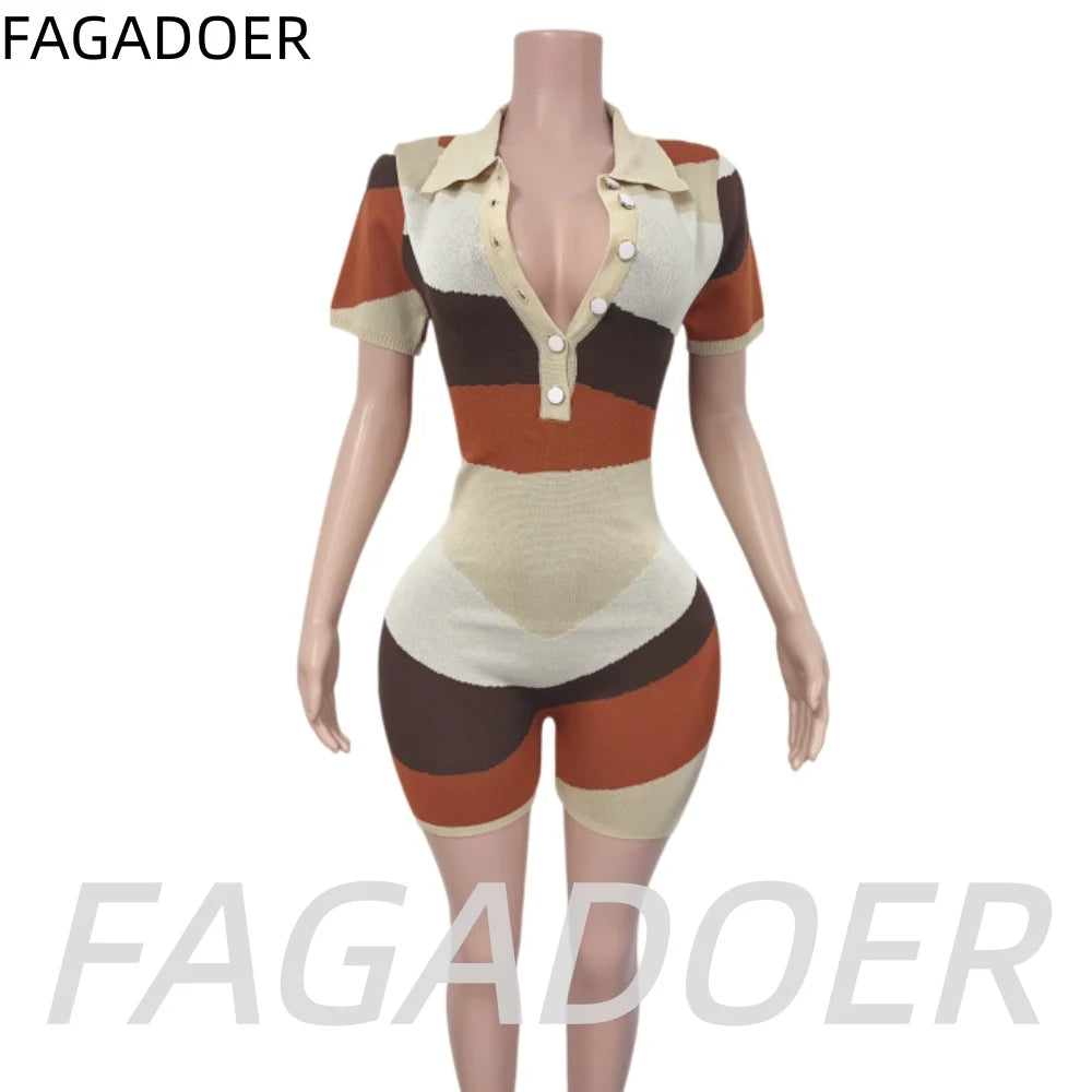 FAGADOER Fashion Knitting Color Stitching Bodycon Rompers Women V Neck Button Short Sleeve One Pieces Jumpsuits Female Overalls