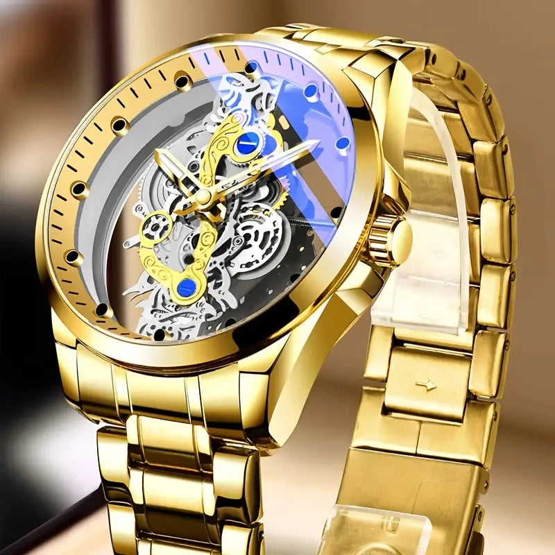 Hot Trendy Fashion Wholesale Men's Golden Skeleton Automatic Quartz Wrist Watches Luxury