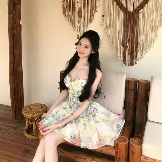 Summer French Coquette Floral Print Mini Dress Women Slim Fit Corset Spaghetti Strap Ruched Flared Hem Party Clubwear Outfit