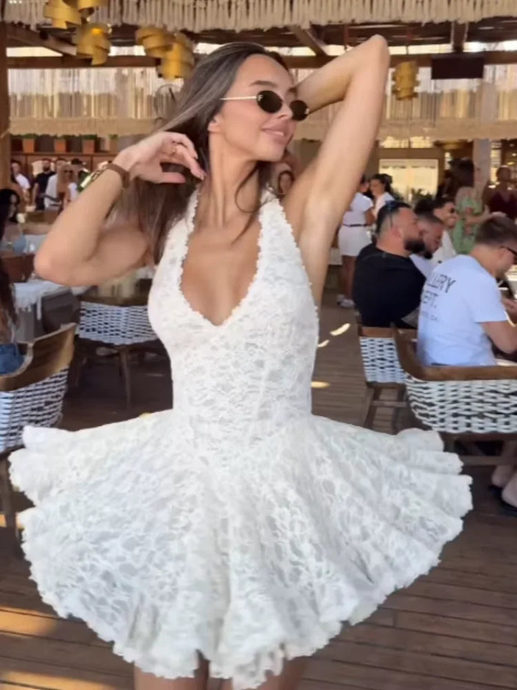 V Neck Halter Lace Mini Dress Women Fashion Waist Cinched A Line Robe Backless Sleeveless Short Vestidos Summer Lady Dresses