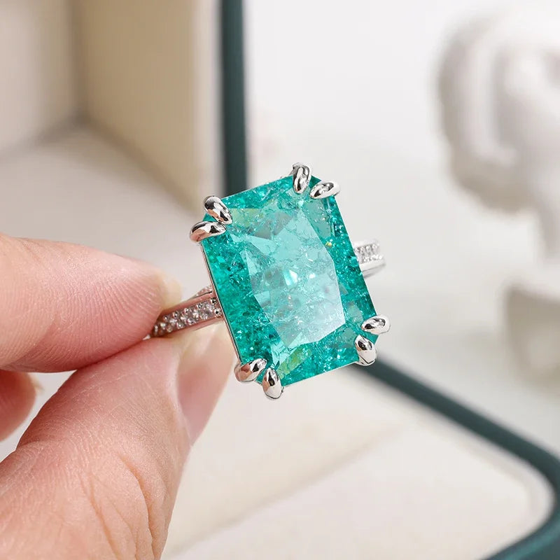 925 Silver Plated Exquisite Blue Green Moissanite Ring Fire Sparkling Luxury Open Ring Female Party Birthday Jewelry Gift