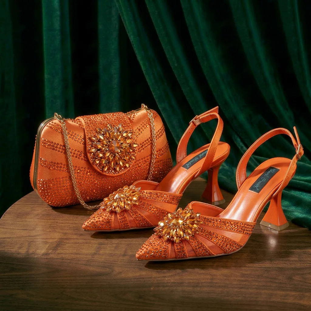 2026 Women's Elegant Green Rhinestone Slingback Heels & Matching Handbag Set COMFORT INCLUDED Stylish Pointed Toe Design Shoes
