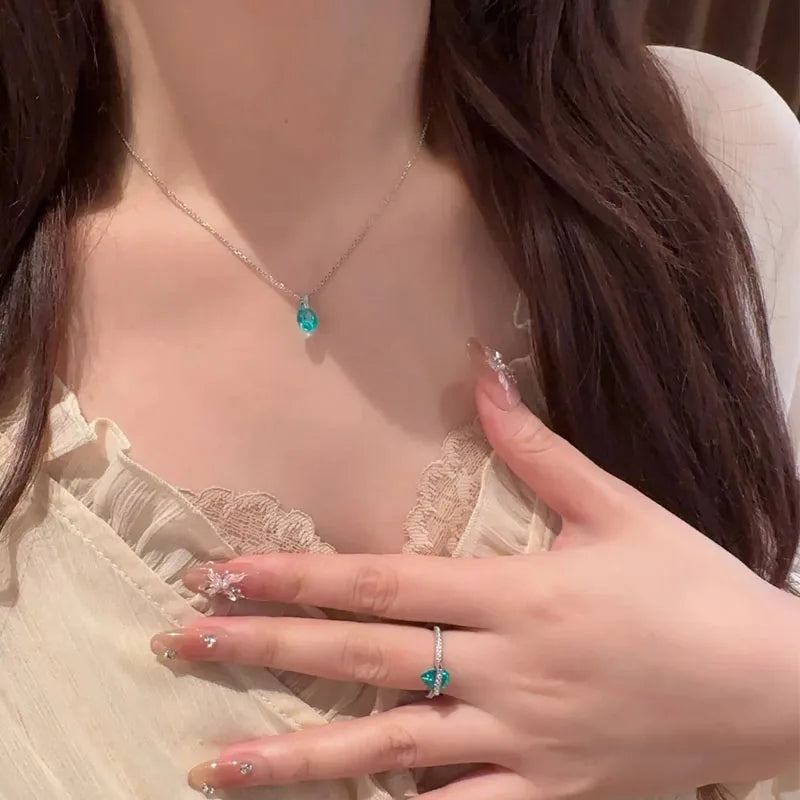 S925 Silver Blue Geometric Water Drop Necklace Women CZ Pendant Elegant Hypoallergenic for Important Occasions Gift for Friends