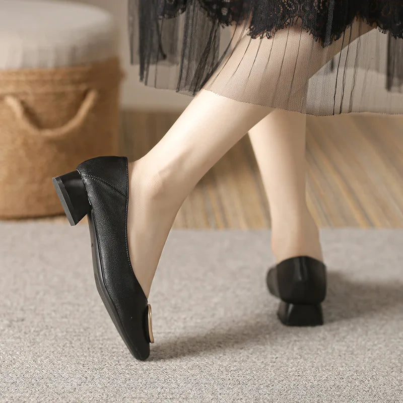 Woman Elegant Square Toe Beige Shoes Lolita Barefoot 4CM High Heel Female Metal Fitting Mary Janes Cute Designer Loafers Shoes
