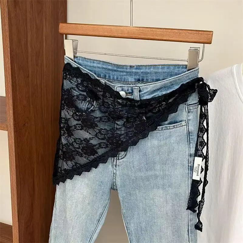 Korean Style Lace Embroidery Belt with Detachable Scarf Layering Accessory for Tulle Skirts Elegant Waist Chain with Floral