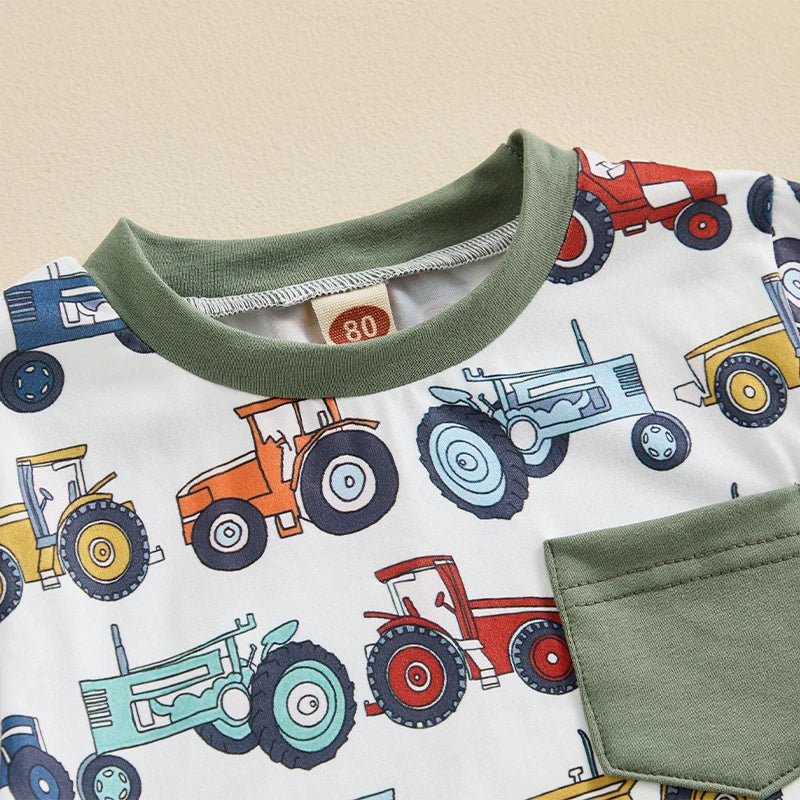 2024-03-08 Lioraitiin Toddler Baby Boys Summer Shorts Sets Short Sleeve Tractors Print Tops and Drawstring Shorts Sets