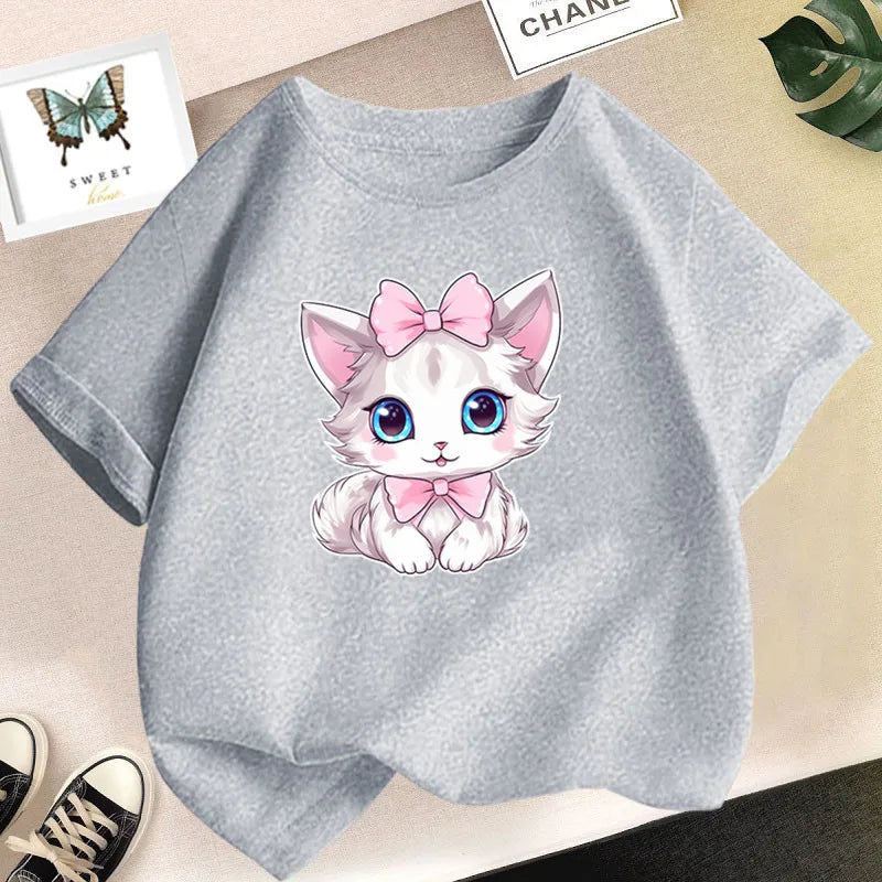 Girls Cotton Cute Cat/dog Graphic T shirt Summer Fashion Vintage Personality Kawaii Purple clothes Short Sleeve Tops