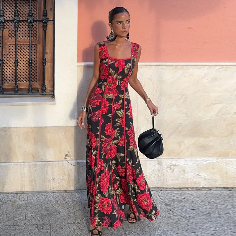 Women Printed V Neck Long Dress Flared Sleeve Lotus Leaf Edge High Waist Slim Fit Maxi Dresses Lady Elegant Evening Party Dress
