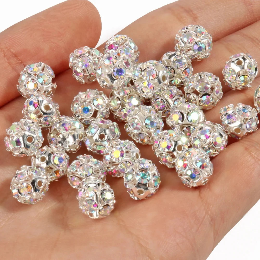 50pcs 6mm AB Color Metal Crystal Beads Rhinestone Ball Shape Loose Beads for Jewelry Making DIY Gift Bracelet Accessories