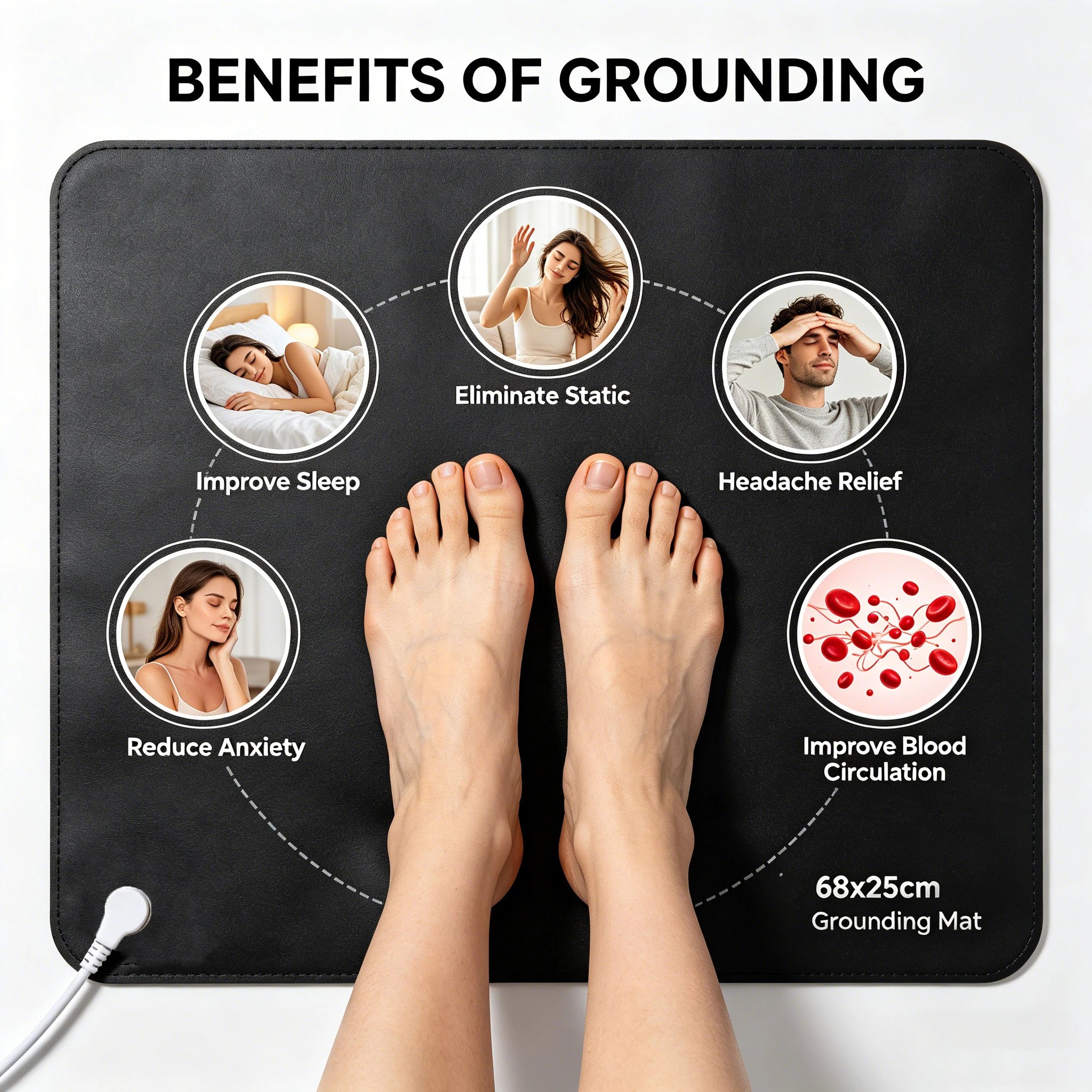 68x25cm PU Leather Grounding Mat Earthing Pad EMF Protection Sleep Support Stress Relief Pain Relief Anxiety Relief for Home Pro