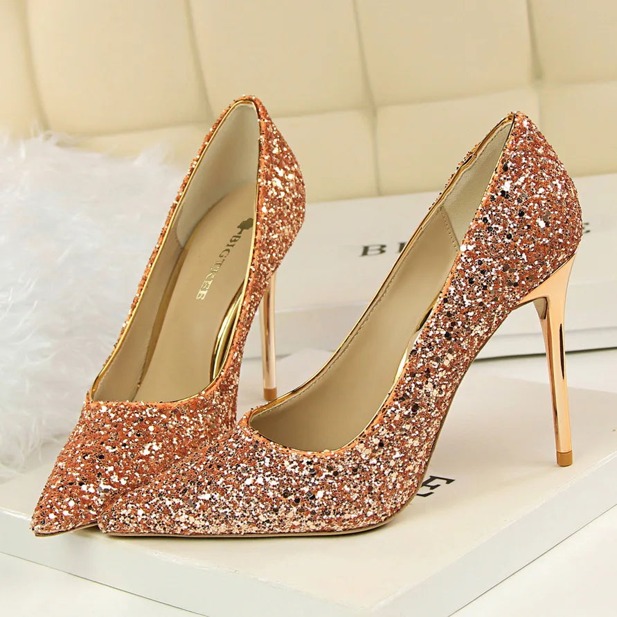 Women 7cm 9.5cm High Heels Bling Pumps Wedding Bridal Scarpins Sparkly Heels Lady Party Sequins Nightclub Evening Gold Red Shoes
