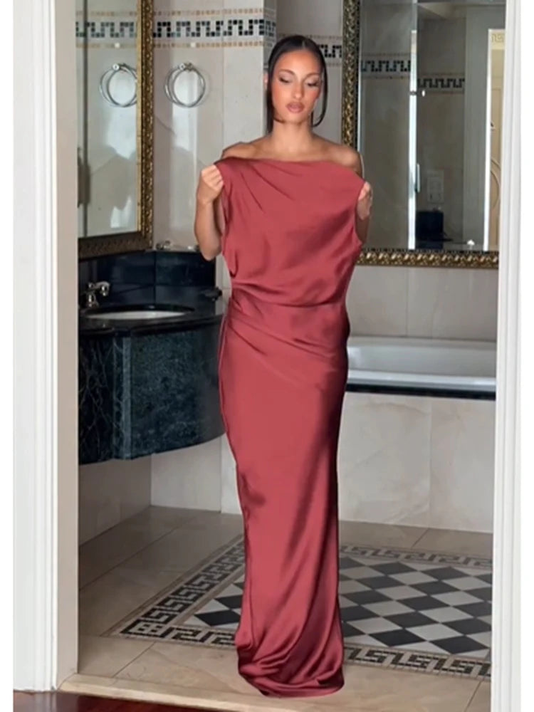 Ruched Waist Satin Long Dress Solid Bodycon Sleeveless Cowl Neck Fishtail Women Dresses 2026 Summer Lady Formal Evening Gowns