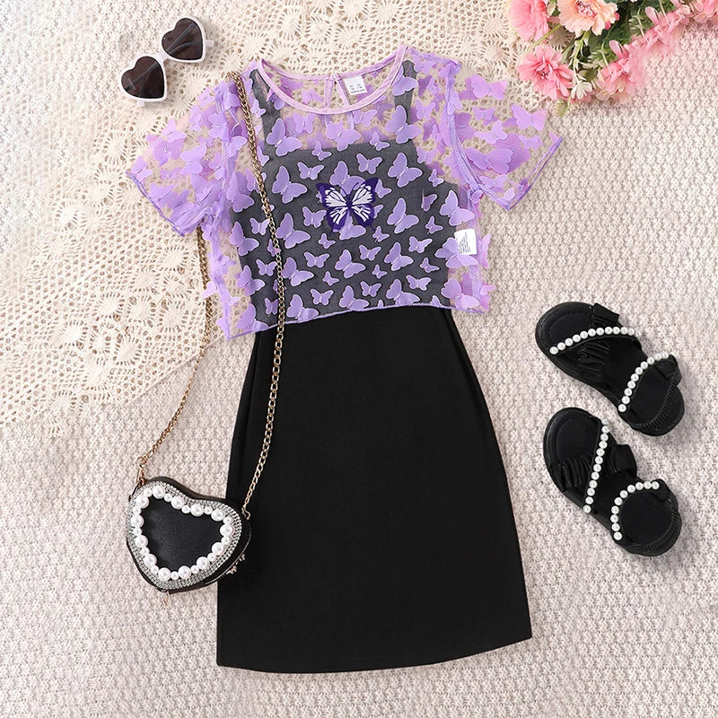 Girls' Summer Butterfly 2-Piece Dress & Tee Set - Stretchy, Comfortable & Easy-Care Kidswear