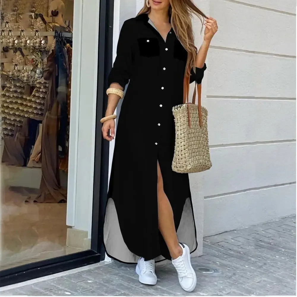 Women Shirt Dress Single Breasted Long Dresses Full Sleeve Turn Down Collar Solid Vestidos Shirts Pockets Split Casual 2025