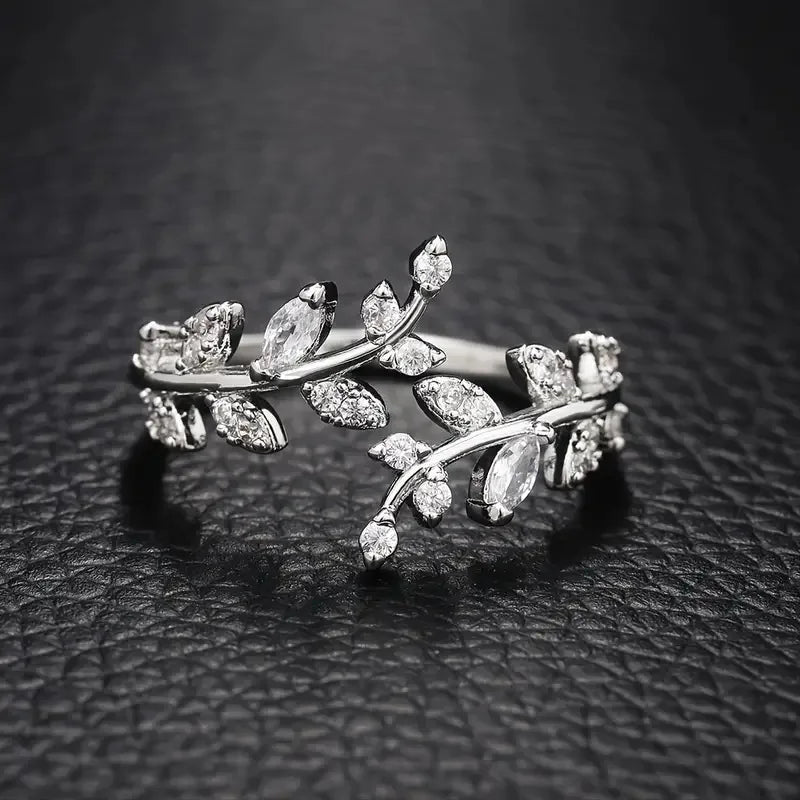 Korean Leaf Design Opening Rings For Women Sparkling Cubic Zirconia CZ Adjustable Ring Party Daily Wear Fashion Jewelry Gift