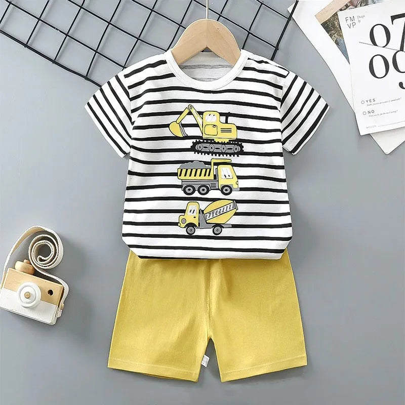 1-6 Y Kids Cartoon Excavator Striped T-Shirt+Shorts 2-Piece Set Cotton Pajama Baby Boys Girls Summer Casual Tracksuit Clothes Su