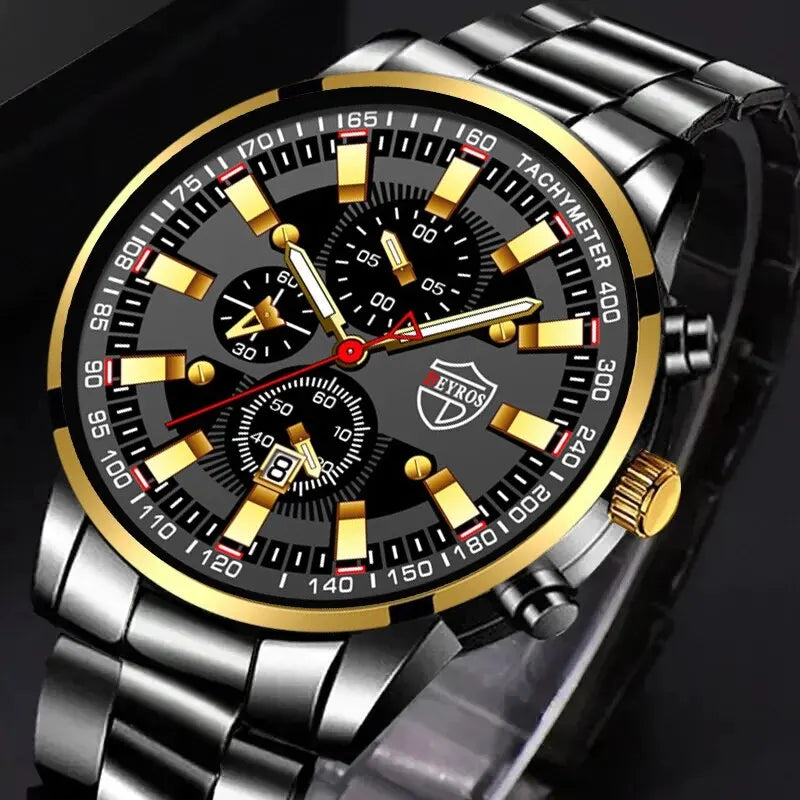 Luxury Men's Casual Fashion Business Golden Needle Digital Steel Band Quartz Watch Calendar Designed For Successful Men Classic